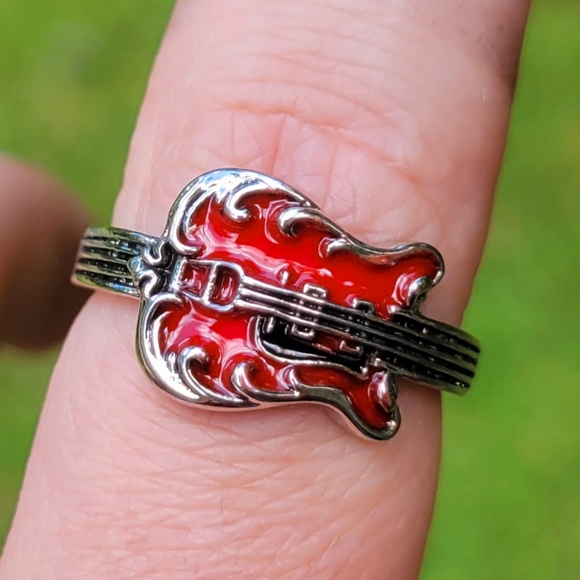 Red Guitar Hard Rock Elvis Presley TCB 925 Silver Ring - Picture 3 of 16